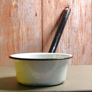Vintage White Enamel Dipper Black Handle Farmhouse Kitchenware 1940s–50s